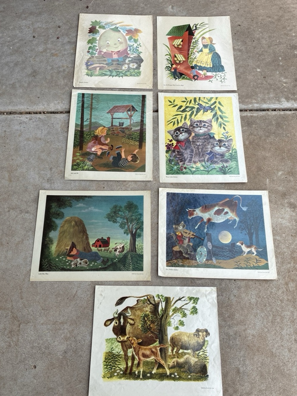 Vintage Nursery Rhyme Mother Goose Print lot of 7 large 16x13